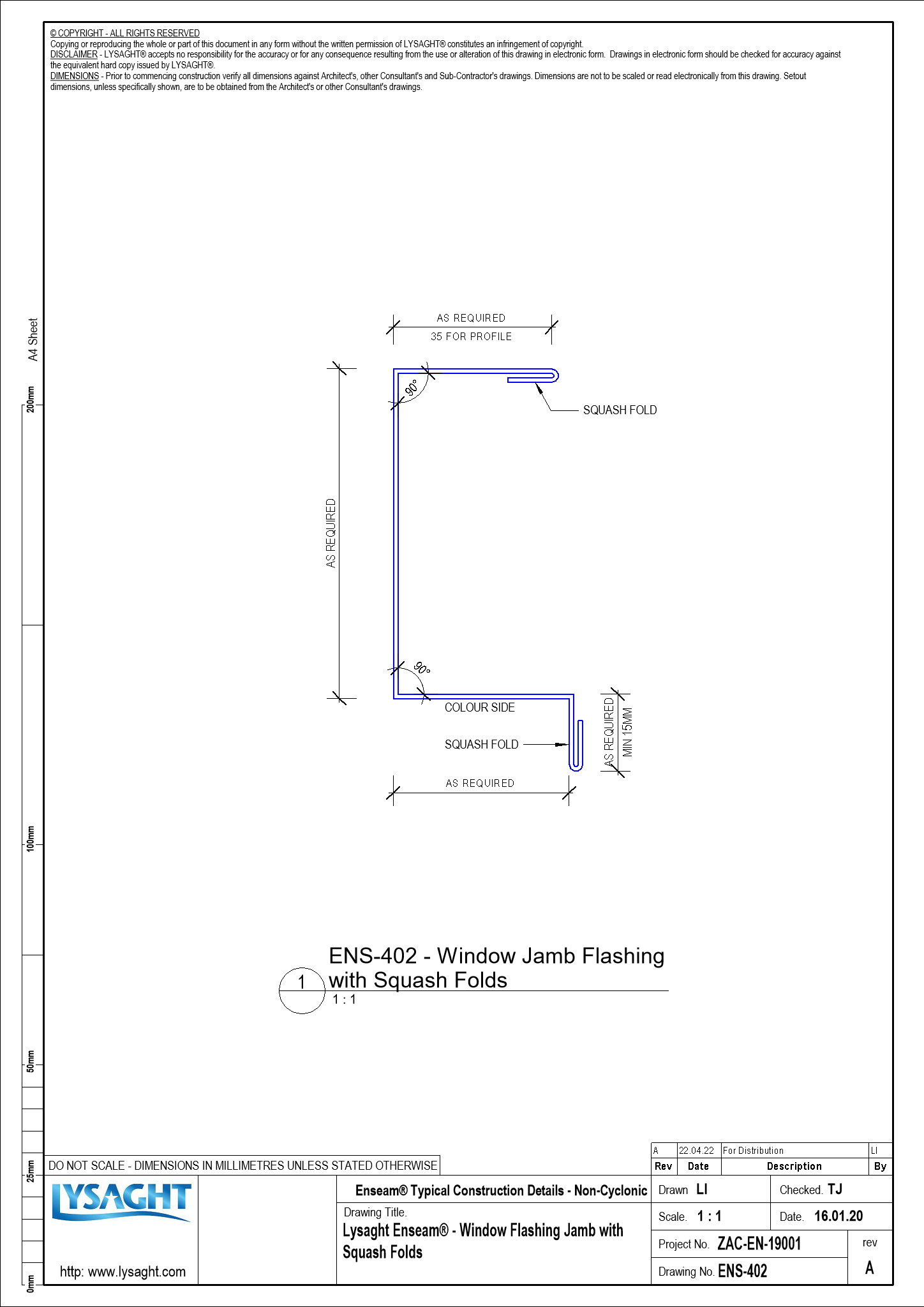 ENS402 Lysaght Enseam® Window Flashing Jamb with Squash Folds